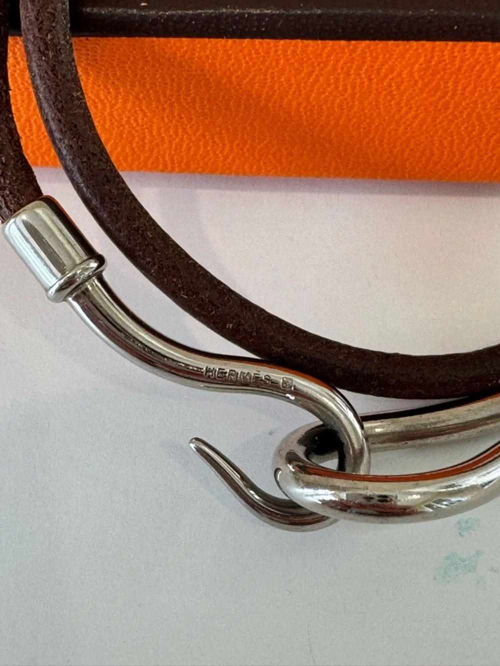 Hermes Orange Box with Brown Leather Double Wrap Bracelet or choker Silver Hook